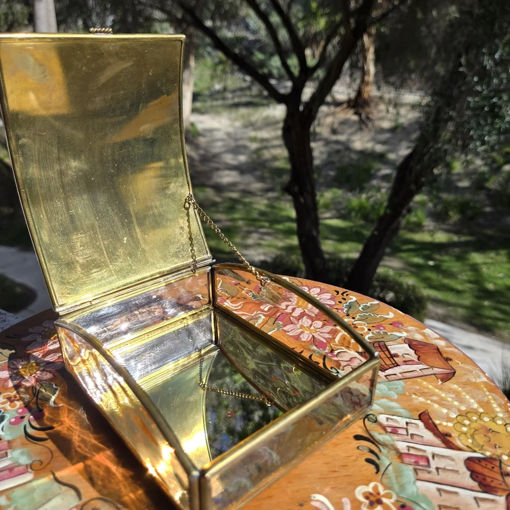 VTG Enesco Bride‎ Brass Trinket Box Hand Crafted Glass Made In MEXICO MCM